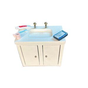 Vintage Miniature Dollhouse White Bathroom Sink 2 Doors Toothpaste Soap